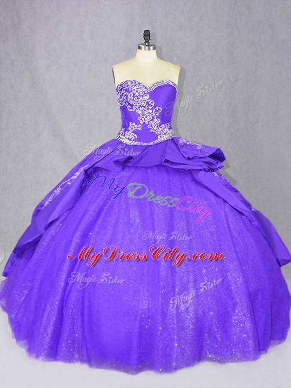 Tulle Sweetheart Sleeveless Court Train Lace Up Embroidery Sweet 16 Dresses in Purple