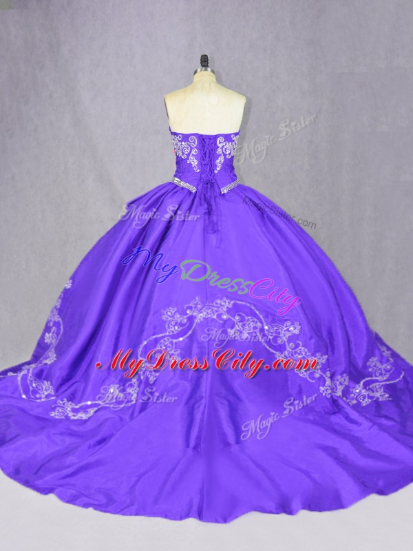 Tulle Sweetheart Sleeveless Court Train Lace Up Embroidery Sweet 16 Dresses in Purple