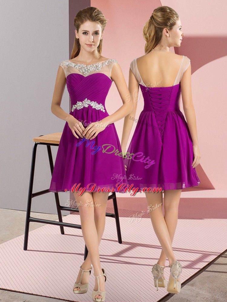 Purple Empire Beading Dama Dress for Quinceanera Lace Up Chiffon Cap Sleeves Mini Length