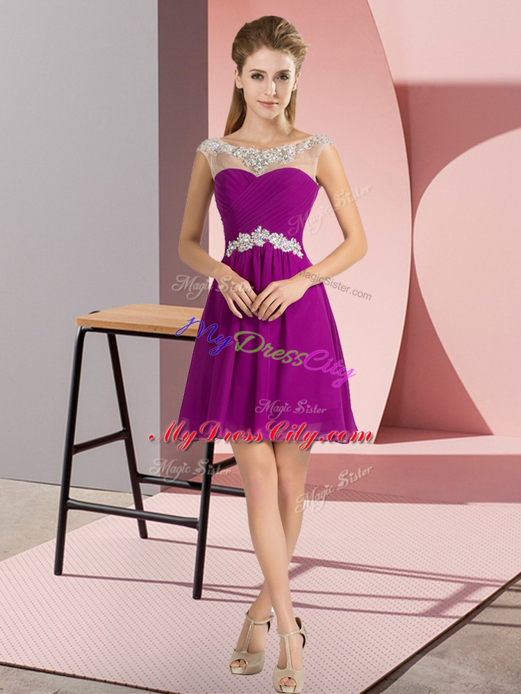 Purple Empire Beading Dama Dress for Quinceanera Lace Up Chiffon Cap Sleeves Mini Length