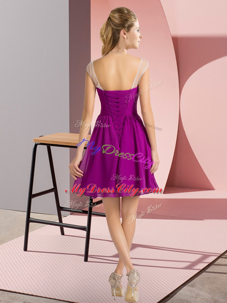 Purple Empire Beading Dama Dress for Quinceanera Lace Up Chiffon Cap Sleeves Mini Length