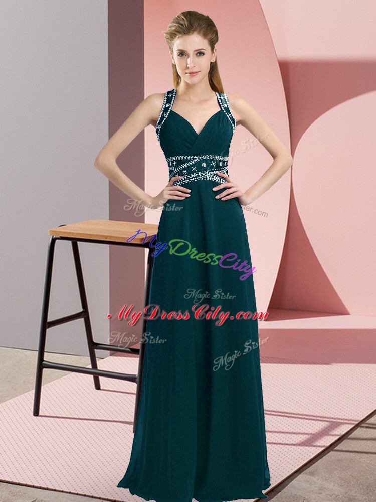 High Quality Peacock Green Sleeveless Beading Floor Length Dress for Prom