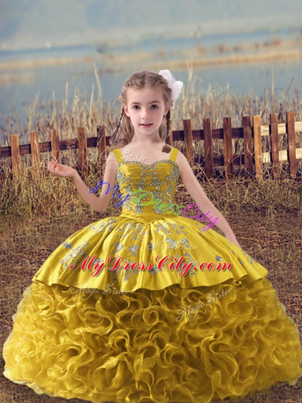 Sleeveless Embroidery Lace Up Little Girls Pageant Dress with Gold Sweep Train