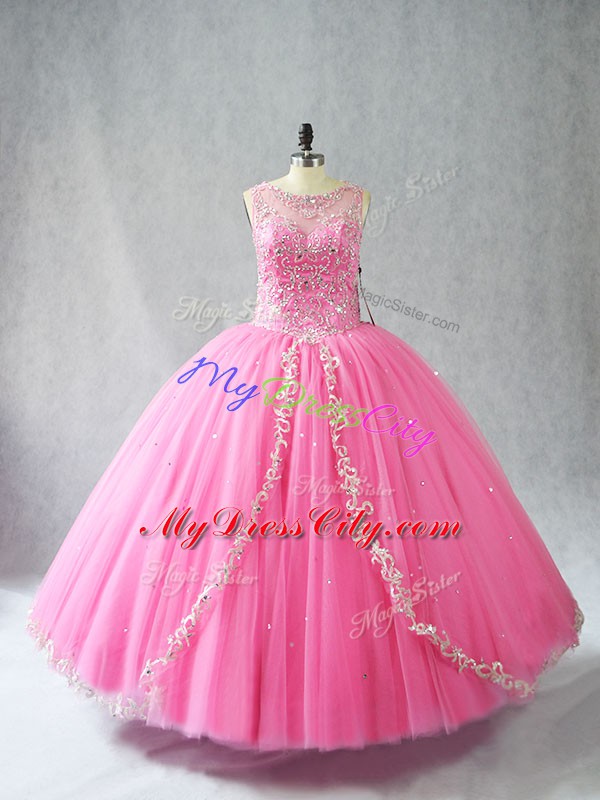 Low Price Rose Pink Sleeveless Tulle Lace Up Ball Gown Prom Dress for Sweet 16 and Quinceanera