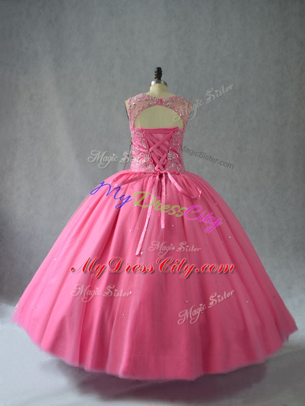 Low Price Rose Pink Sleeveless Tulle Lace Up Ball Gown Prom Dress for Sweet 16 and Quinceanera