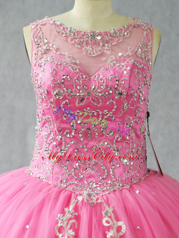 Low Price Rose Pink Sleeveless Tulle Lace Up Ball Gown Prom Dress for Sweet 16 and Quinceanera