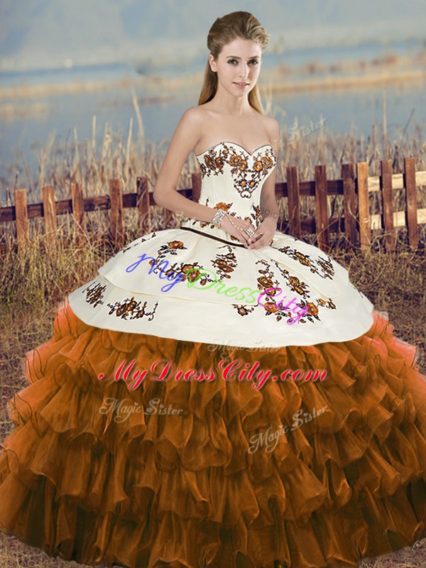 Designer Brown Sleeveless Embroidery and Ruffled Layers and Bowknot Floor Length Sweet 16 Dress