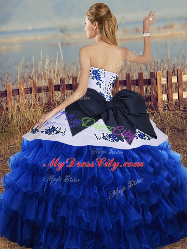 Designer Brown Sleeveless Embroidery and Ruffled Layers and Bowknot Floor Length Sweet 16 Dress