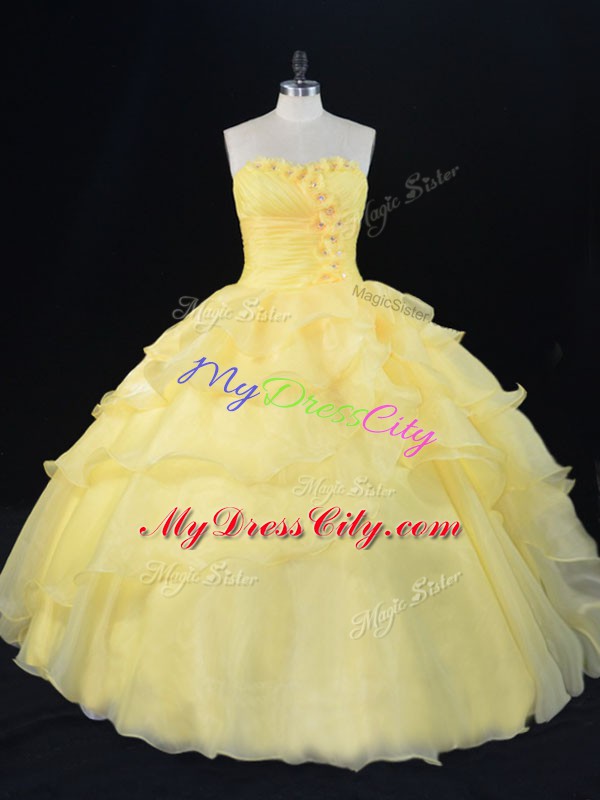 Custom Designed Sweetheart Sleeveless Quinceanera Gowns Floor Length Hand Made Flower Yellow Organza