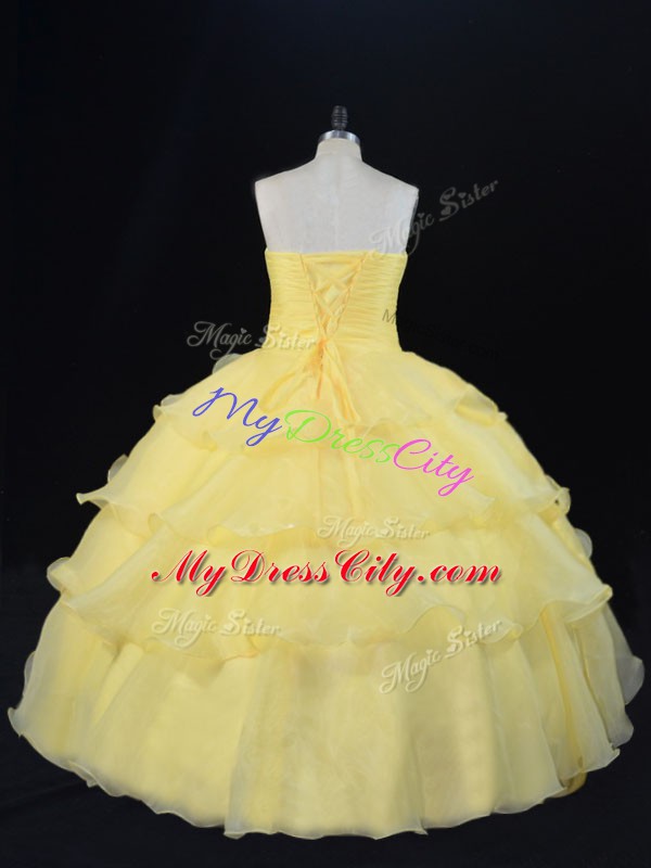 Custom Designed Sweetheart Sleeveless Quinceanera Gowns Floor Length Hand Made Flower Yellow Organza