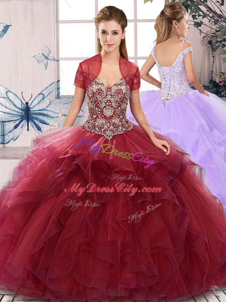 Sleeveless Tulle Floor Length Lace Up Vestidos de Quinceanera in Burgundy with Beading and Ruffles