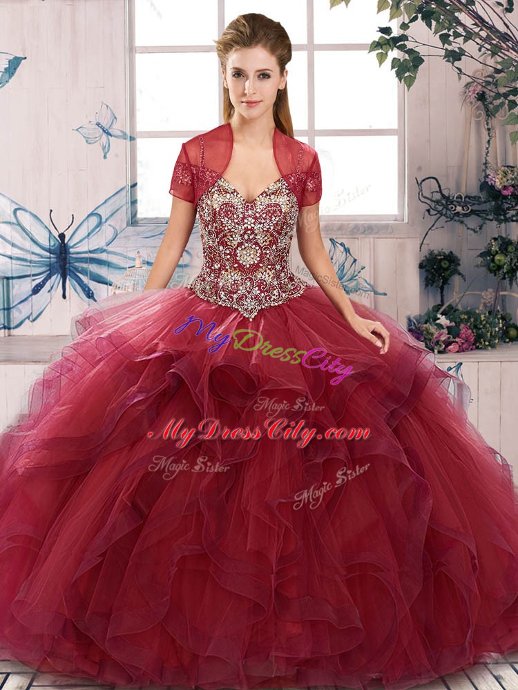 Sleeveless Tulle Floor Length Lace Up Vestidos de Quinceanera in Burgundy with Beading and Ruffles