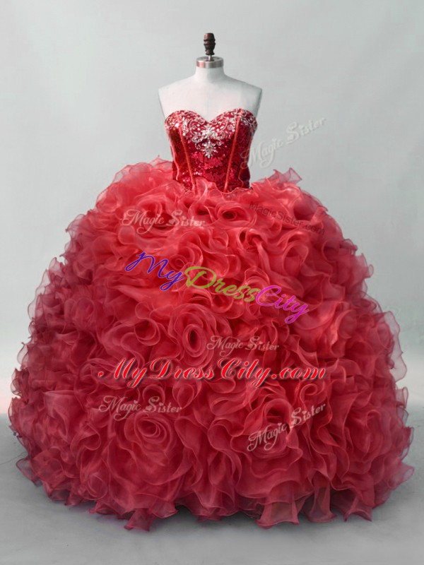 Noble Red Ball Gowns Organza Sweetheart Sleeveless Sequins Floor Length Lace Up Vestidos de Quinceanera