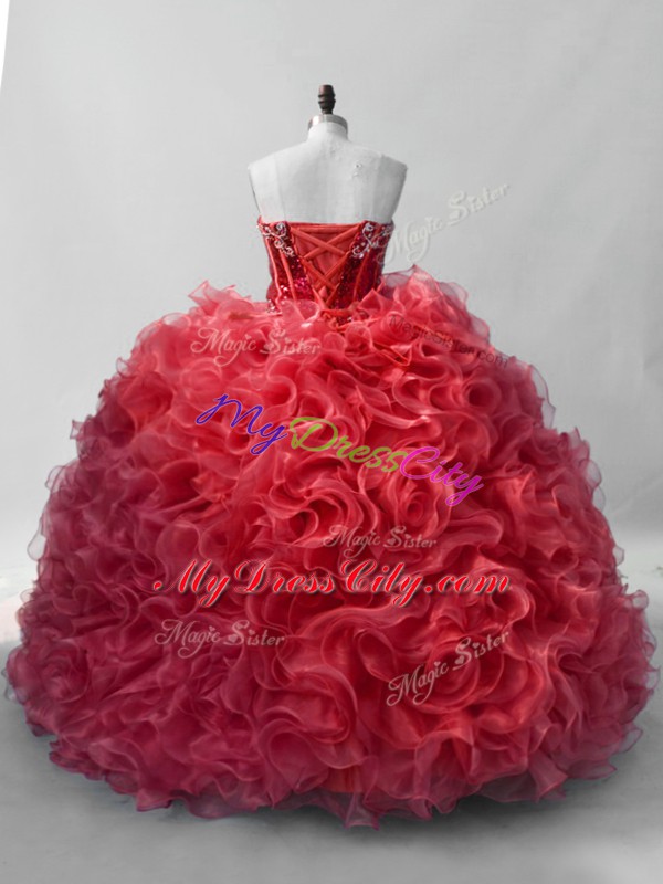 Noble Red Ball Gowns Organza Sweetheart Sleeveless Sequins Floor Length Lace Up Vestidos de Quinceanera