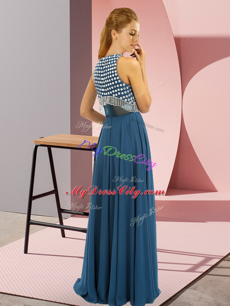 Stylish Chiffon Sleeveless Floor Length Homecoming Dress and Beading