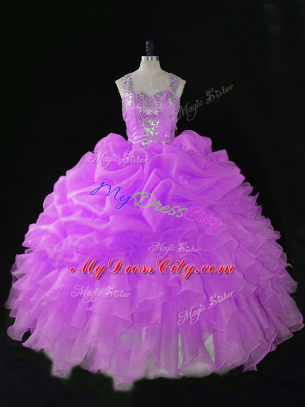 Best Ball Gowns 15th Birthday Dress Lilac Straps Organza Sleeveless Floor Length Zipper