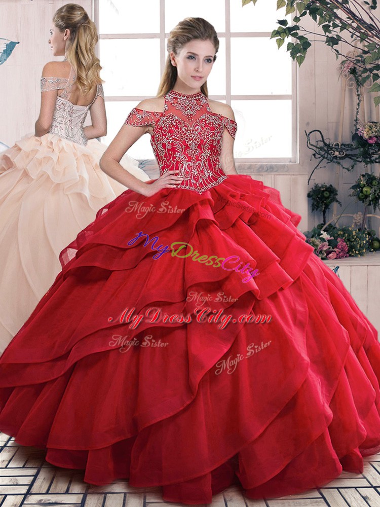 Red Sweet 16 Dress Sweet 16 and Quinceanera with Beading and Ruffled Layers High-neck Sleeveless Lace Up