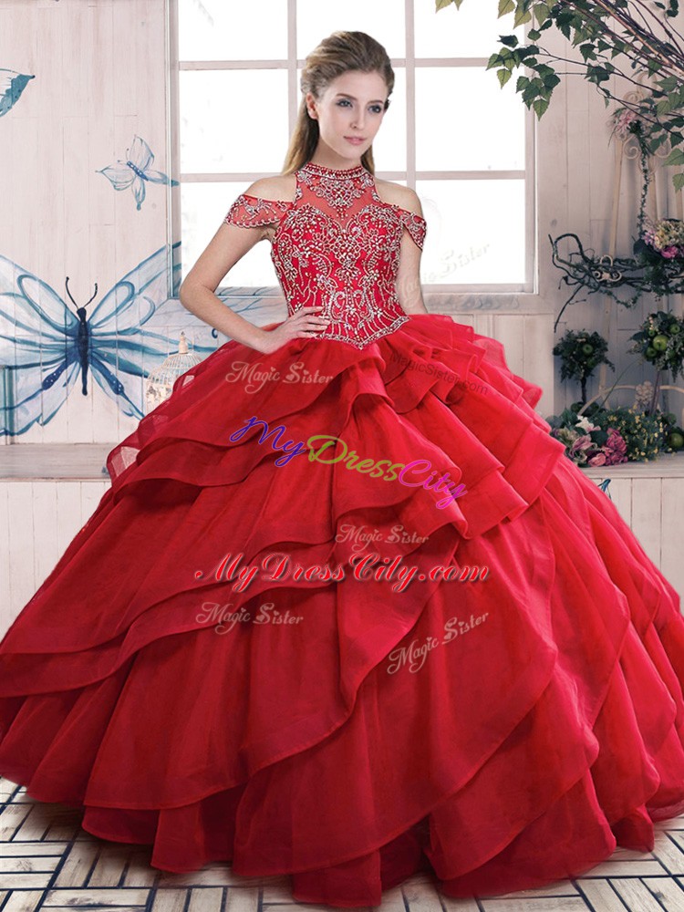 Red Sweet 16 Dress Sweet 16 and Quinceanera with Beading and Ruffled Layers High-neck Sleeveless Lace Up