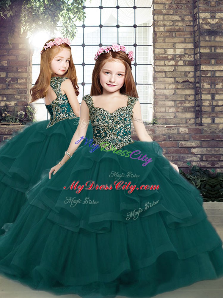 Straps Sleeveless Tulle Little Girls Pageant Dress Wholesale Beading and Ruffles Lace Up