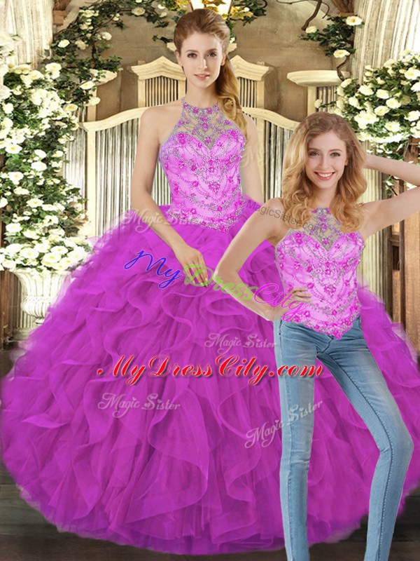 Unique Halter Top Sleeveless Tulle Quinceanera Gown Beading and Ruffles Lace Up