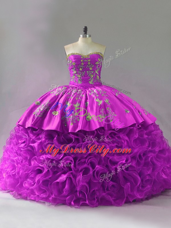 Ball Gowns Sleeveless Fuchsia Ball Gown Prom Dress Brush Train Lace Up