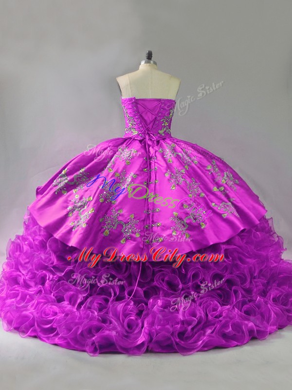 Ball Gowns Sleeveless Fuchsia Ball Gown Prom Dress Brush Train Lace Up