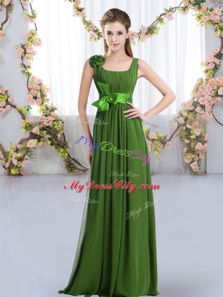 Green Chiffon Zipper Bridesmaid Dresses Sleeveless Floor Length Belt and Hand Made Flower