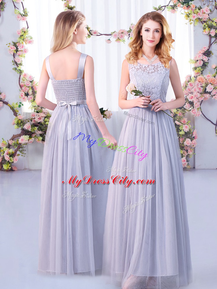 Elegant Floor Length Side Zipper Bridesmaid Gown Grey for Wedding Party with Lace and Belt