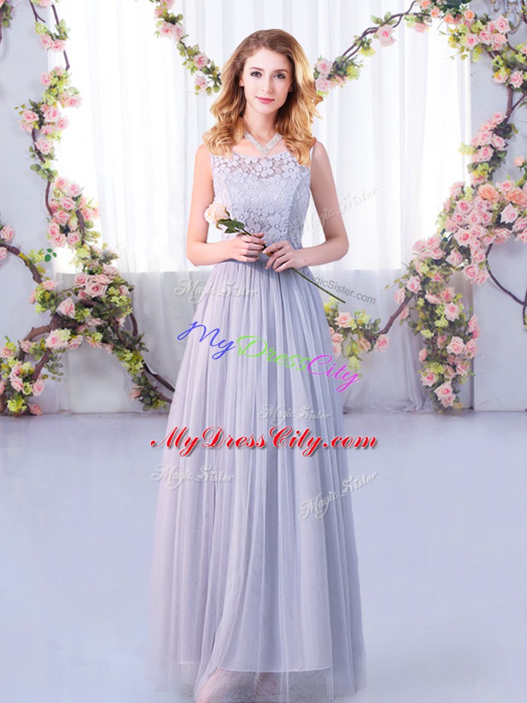 Elegant Floor Length Side Zipper Bridesmaid Gown Grey for Wedding Party with Lace and Belt