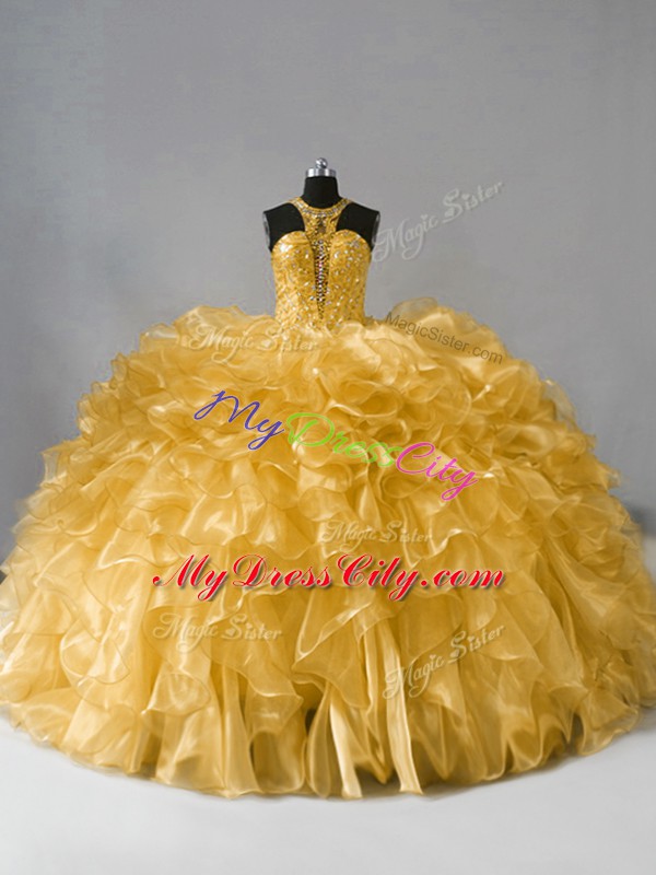 Custom Made Sleeveless Floor Length Beading and Ruffles Zipper Sweet 16 Quinceanera Dress with Gold