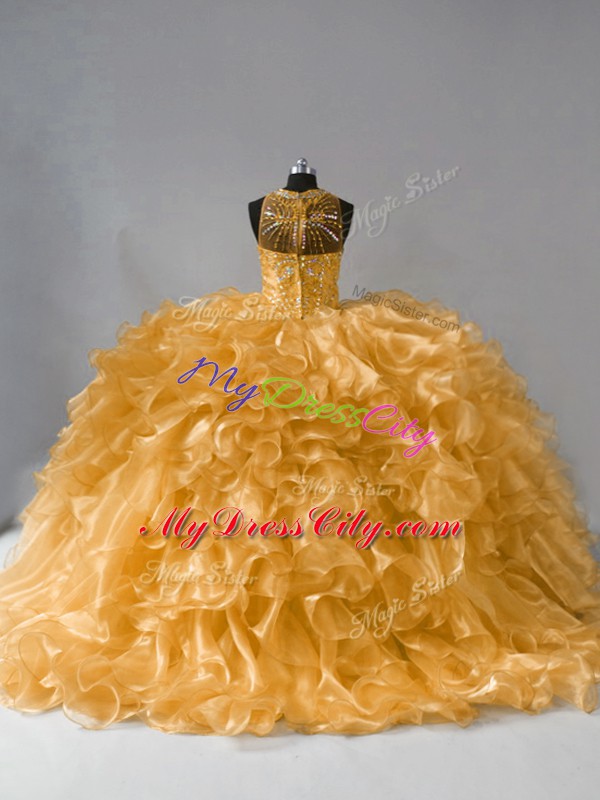 Custom Made Sleeveless Floor Length Beading and Ruffles Zipper Sweet 16 Quinceanera Dress with Gold