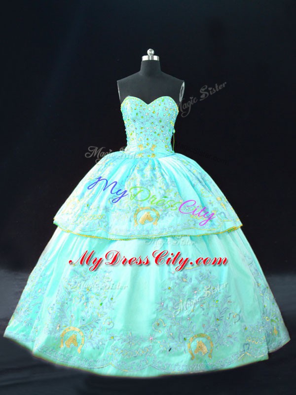 Custom Made Sweetheart Sleeveless Sweet 16 Dress Floor Length Embroidery Aqua Blue Satin