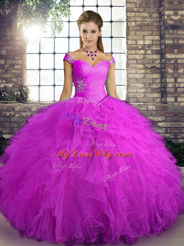 Hot Sale Fuchsia Sleeveless Floor Length Beading and Ruffles Lace Up Quinceanera Dresses