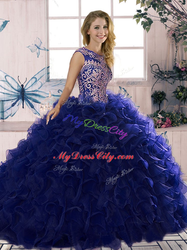 Edgy Purple Sleeveless Floor Length Beading and Ruffles Lace Up Sweet 16 Dresses