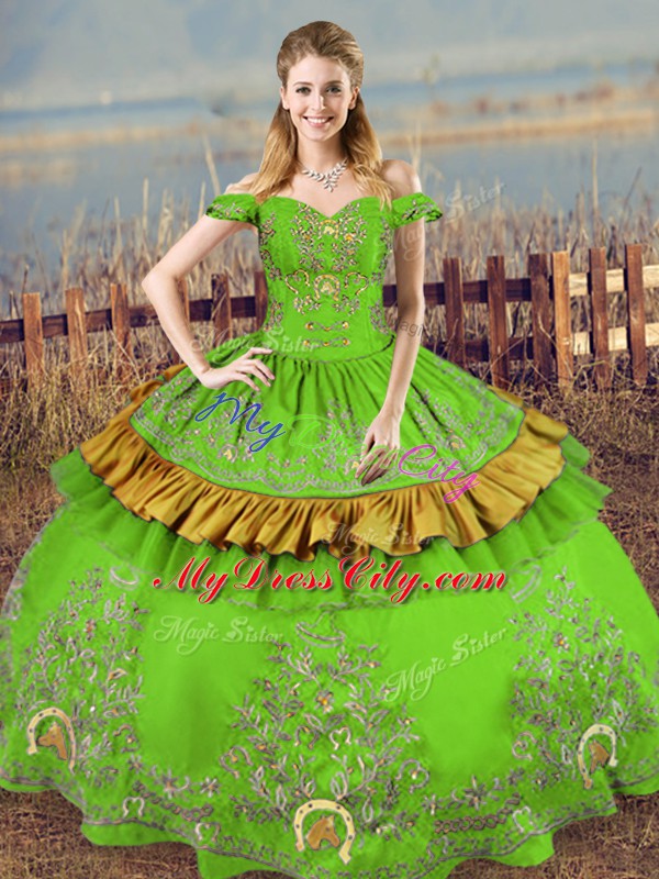 Sophisticated Green Ball Gowns Satin Off The Shoulder Sleeveless Embroidery Floor Length Lace Up Quinceanera Dress