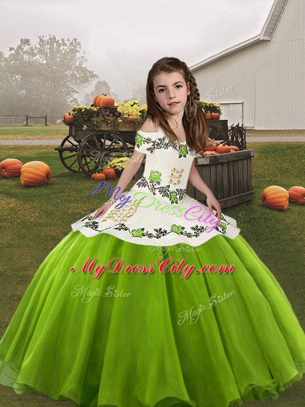 Simple Green Lace Up Little Girl Pageant Dress Embroidery Sleeveless Floor Length