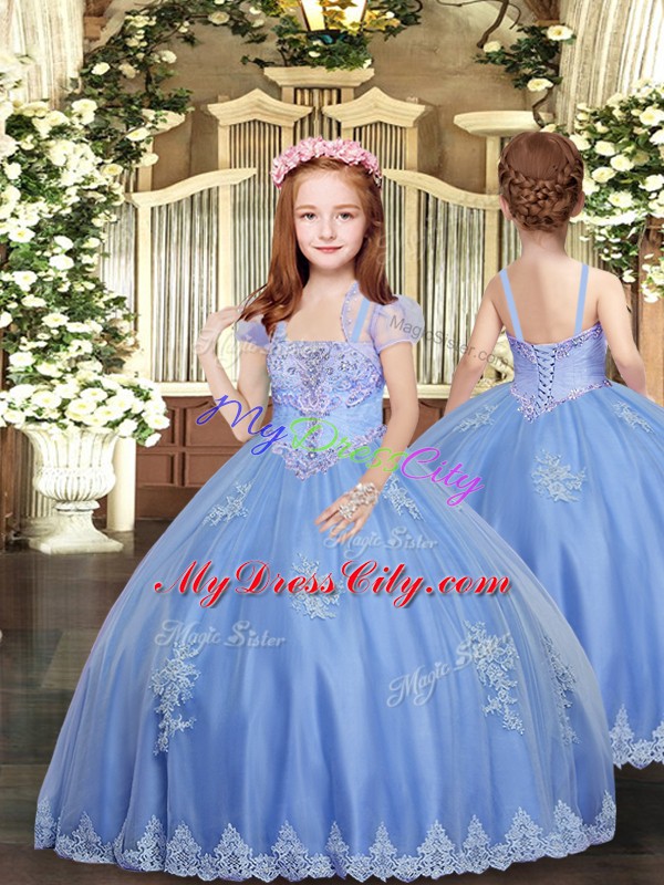 Wonderful Floor Length Lace Up Little Girls Pageant Dress Wholesale Baby Blue for Party and Sweet 16 and Wedding Party with Appliques