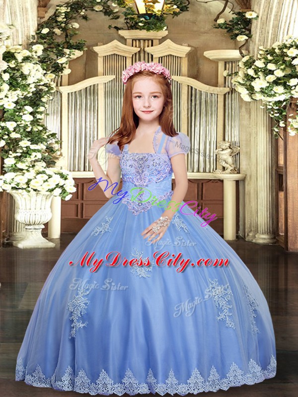 Wonderful Floor Length Lace Up Little Girls Pageant Dress Wholesale Baby Blue for Party and Sweet 16 and Wedding Party with Appliques