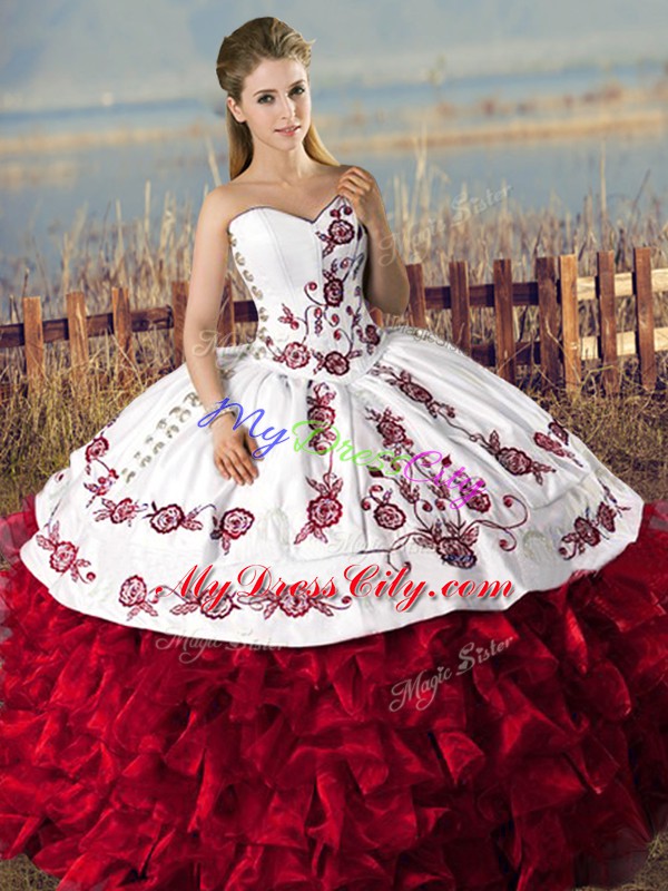 Fashionable Sleeveless Floor Length Embroidery and Ruffles Lace Up Quince Ball Gowns with Red