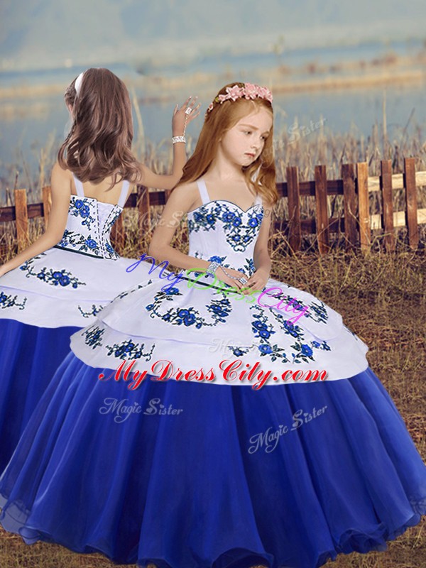 Perfect Royal Blue Organza Lace Up Pageant Dress Sleeveless Floor Length Embroidery