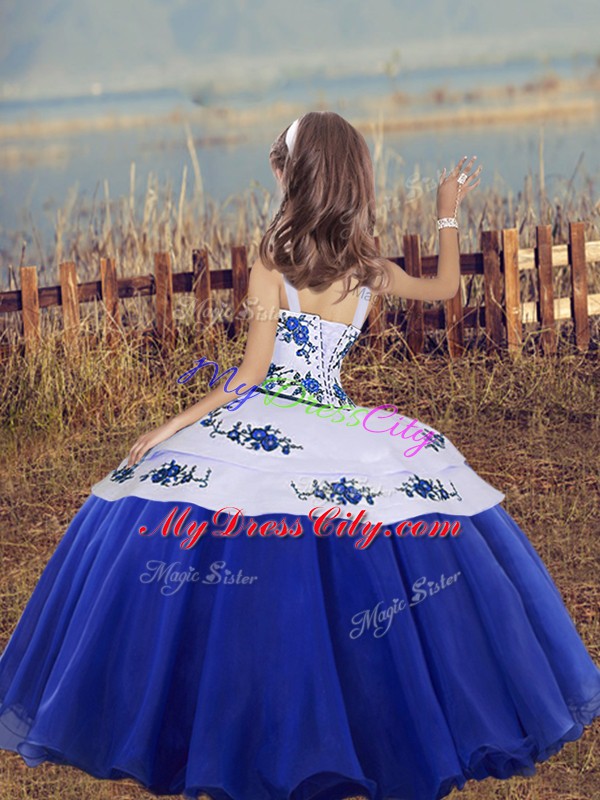 Perfect Royal Blue Organza Lace Up Pageant Dress Sleeveless Floor Length Embroidery