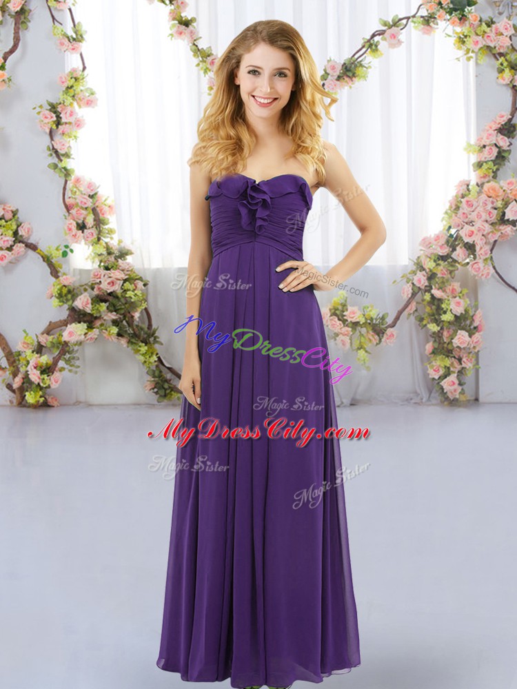 Floor Length Lace Up Bridesmaid Dresses Purple for Wedding Party with Ruffles