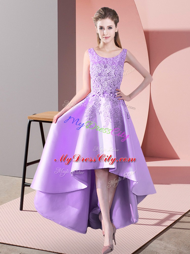 Most Popular Scoop Sleeveless Bridesmaid Dresses High Low Lace Lavender Satin