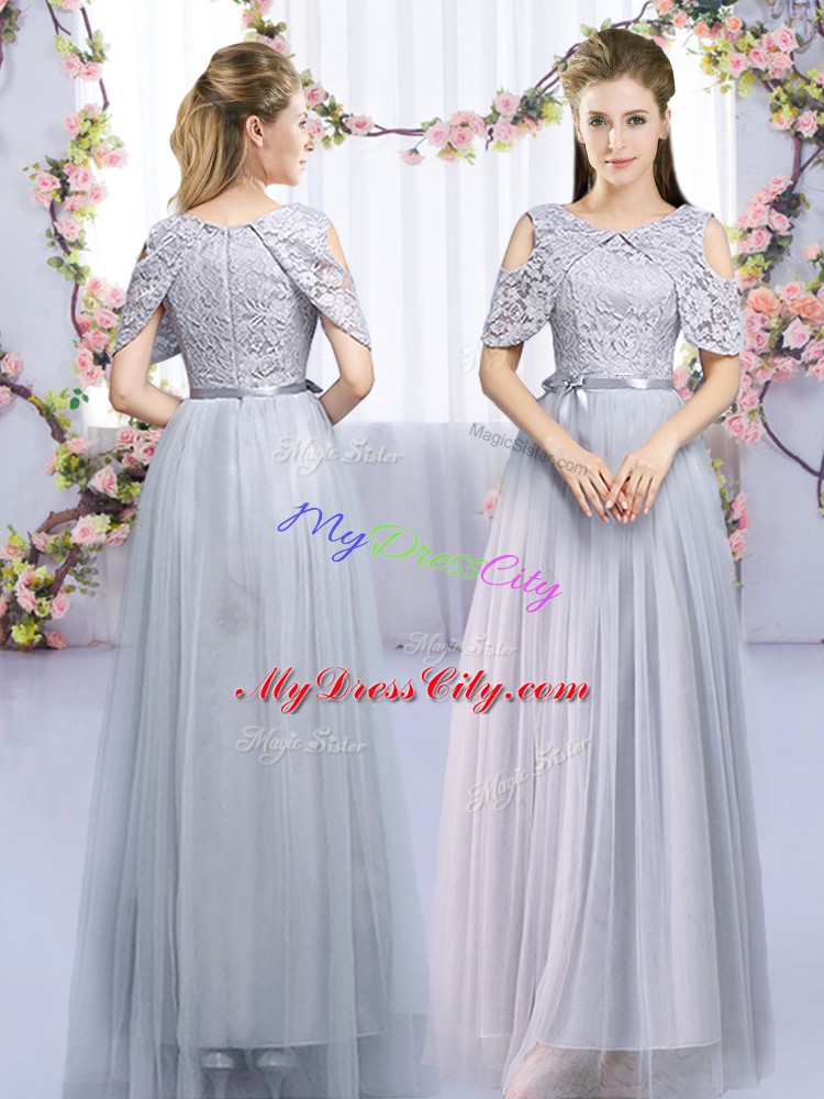 Spectacular Grey Empire Lace and Belt Bridesmaid Dress Zipper Tulle Sleeveless Floor Length