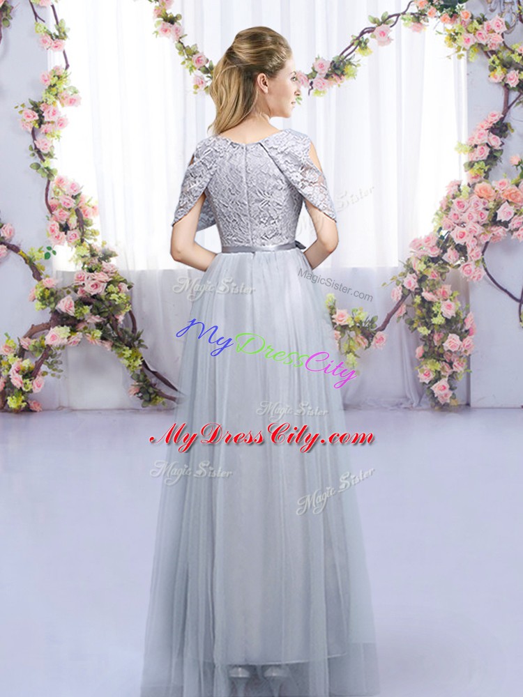 Spectacular Grey Empire Lace and Belt Bridesmaid Dress Zipper Tulle Sleeveless Floor Length