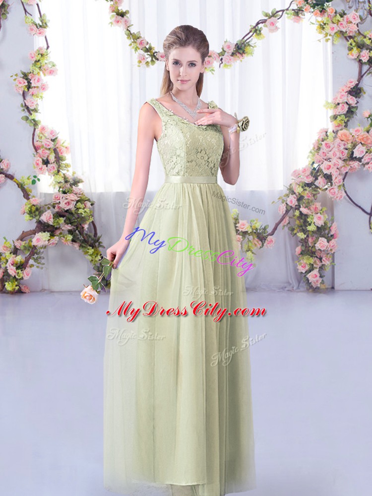 Yellow Green Tulle Side Zipper Bridesmaid Dress Sleeveless Floor Length Lace and Belt