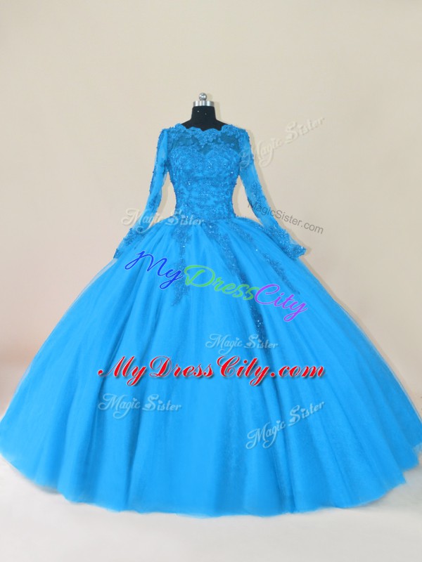 Custom Made Blue Zipper Scalloped Lace and Appliques Quinceanera Gown Tulle Long Sleeves