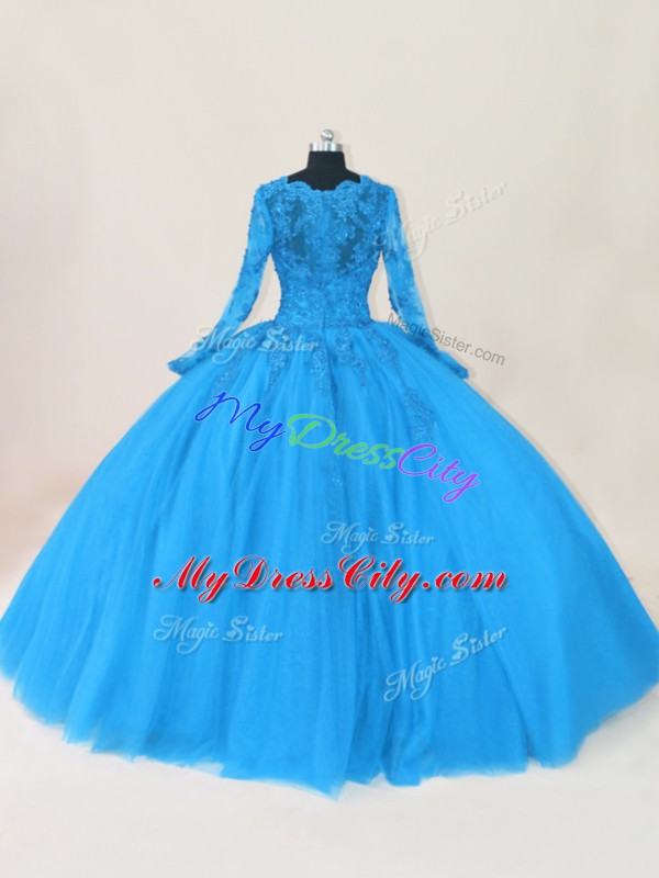 Custom Made Blue Zipper Scalloped Lace and Appliques Quinceanera Gown Tulle Long Sleeves