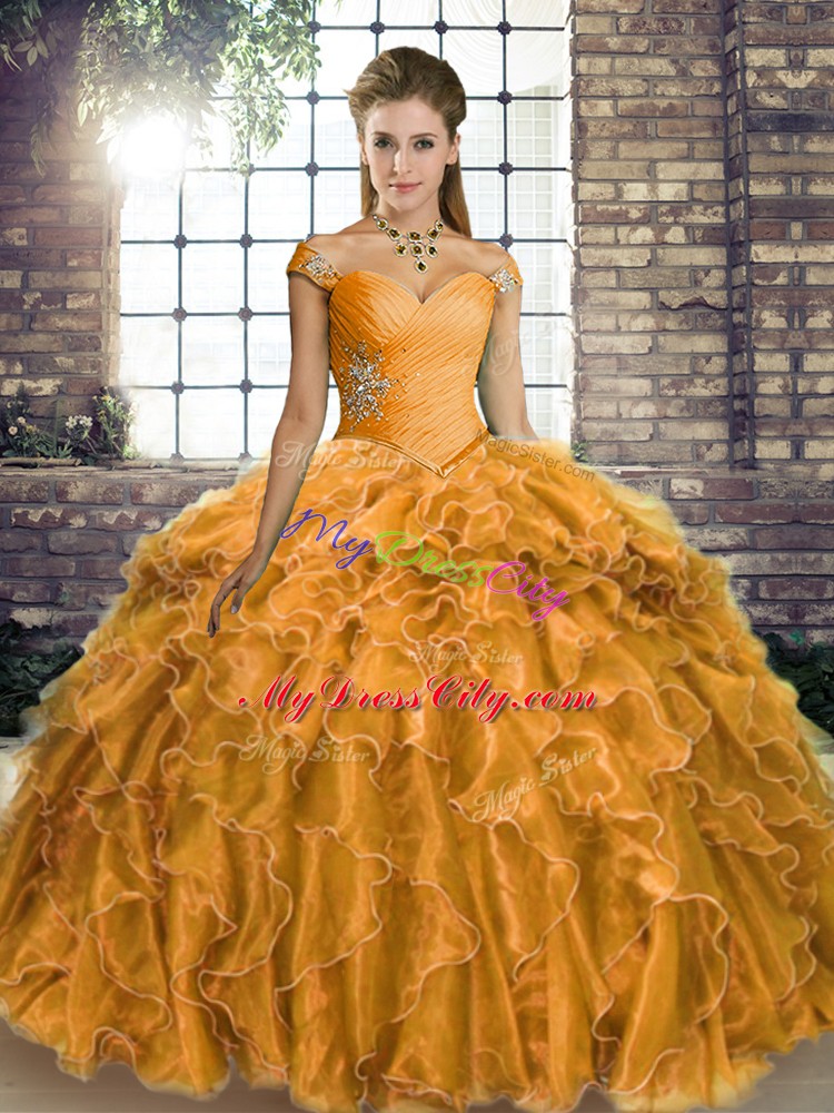 Affordable Gold Off The Shoulder Lace Up Beading and Ruffles Quince Ball Gowns Brush Train Sleeveless