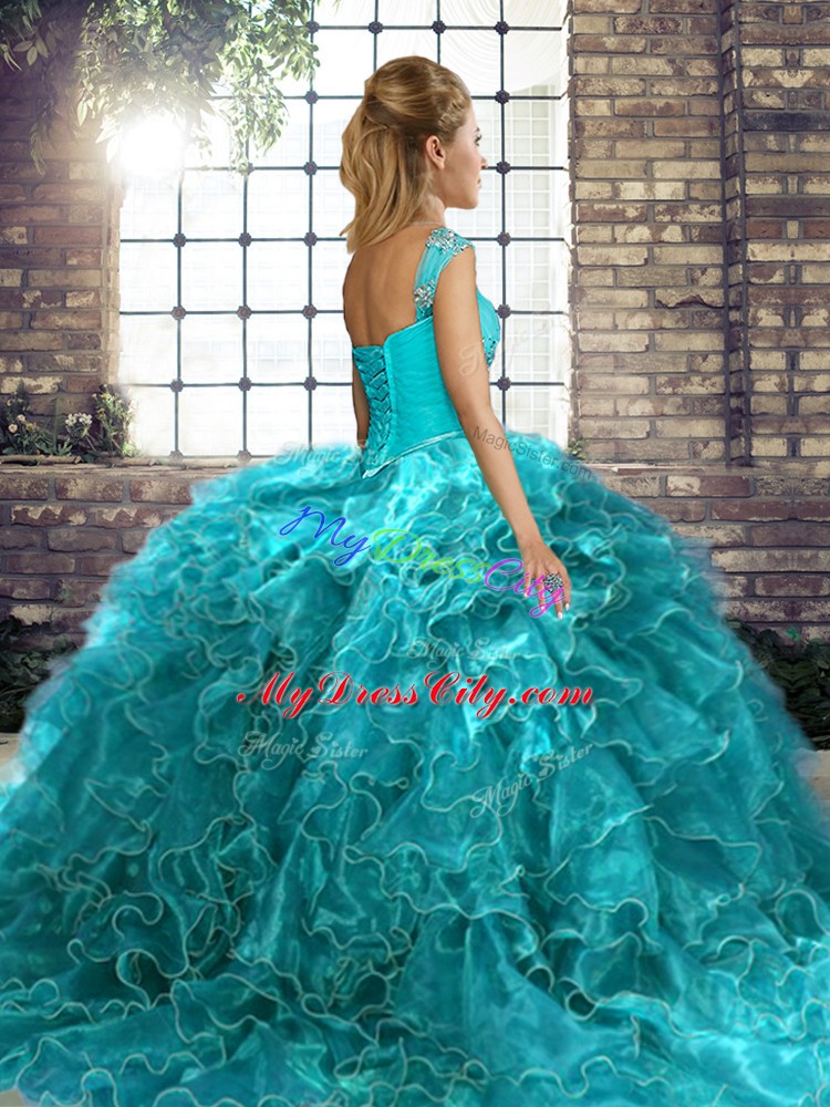 Affordable Gold Off The Shoulder Lace Up Beading and Ruffles Quince Ball Gowns Brush Train Sleeveless